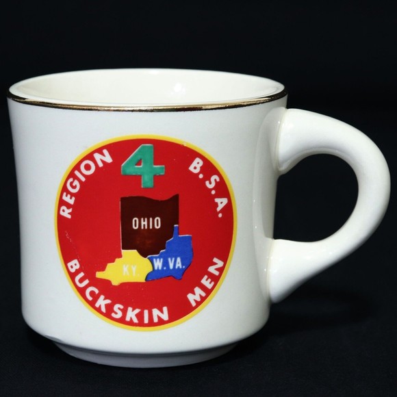 Boy Scouts VTG BSA Ceramic Mug Region 4 Buckskin Men Ohio, Kentucky Gold Rim Cup - Picture 1 of 6